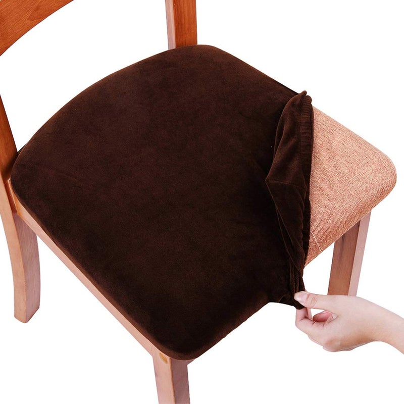 Smiry Velvet Seat Covers for Dining Room Chair Set of 4, Stretch Fit Removable Washable Chair Seat Cushion Protector Slipcovers with Ties, Coffee - Image 1